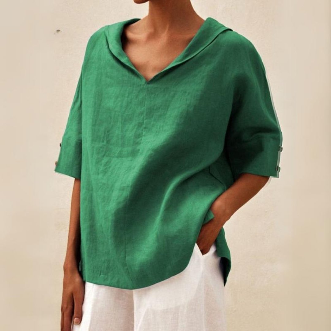 Relaxed Linen Hooded Top with V-Neckline and Short Sleeves