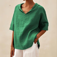 Relaxed Linen Hooded Top with V-Neckline and Short Sleeves