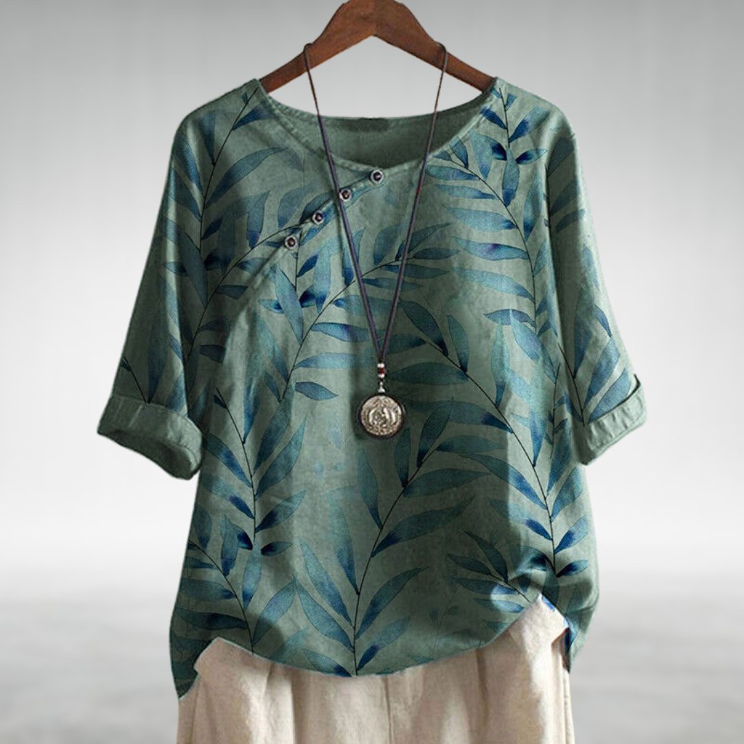 Relaxed Linen Leaf Print Top with Round Neck and Short Sleeves