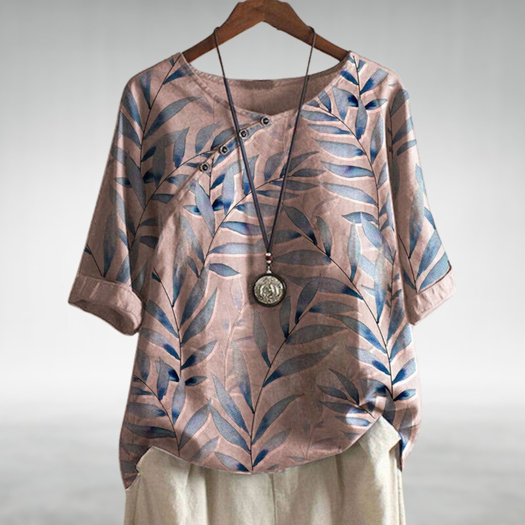 Relaxed Linen Leaf Print Top with Round Neck and Short Sleeves