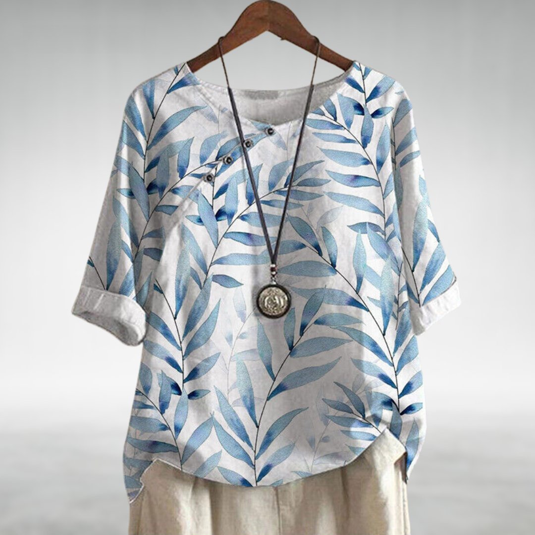 Relaxed Linen Leaf Print Top with Round Neck and Short Sleeves