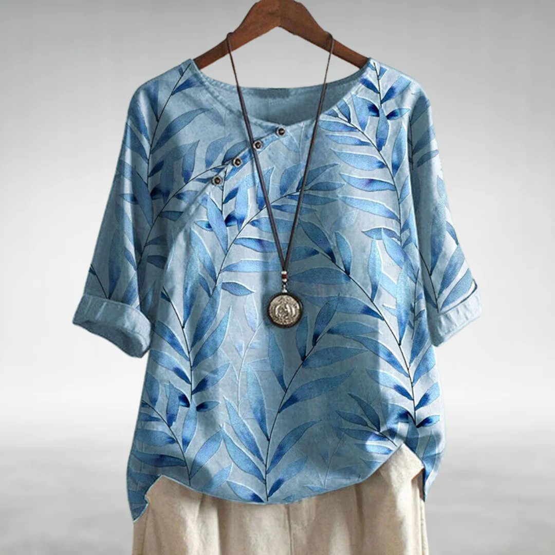 Relaxed Linen Leaf Print Top with Round Neck and Short Sleeves
