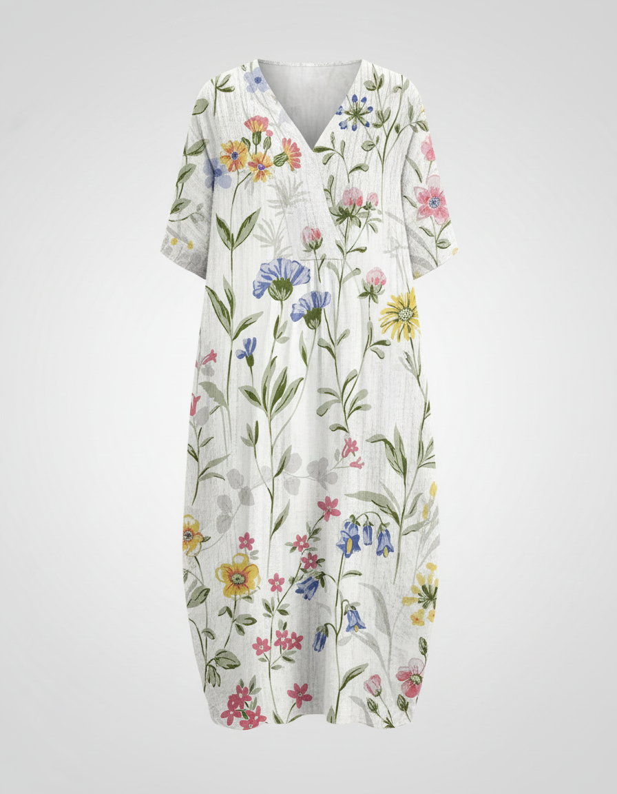 Relaxed Linen Midi Dress with V-Neckline