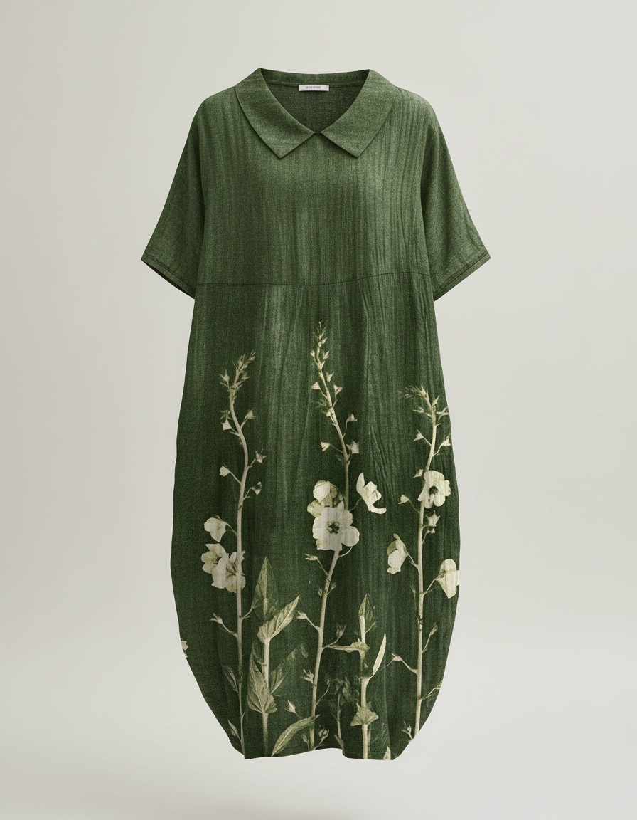 Relaxed Linen Midi Dress with V-Neckline