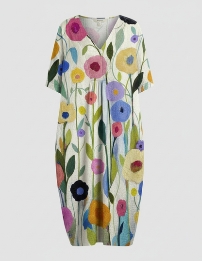 Relaxed Linen Midi Dress with V-Neckline