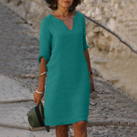 Relaxed Linen Midi Dress with V-Neckline and Three Quarter Sleeves