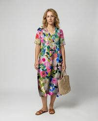 Relaxed Linen Midi Dress with V-Neckline