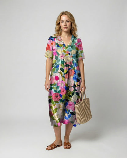 Relaxed Linen Midi Dress with V-Neckline