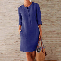Relaxed Linen Shift Dress with Half Button Placket and Front Pockets