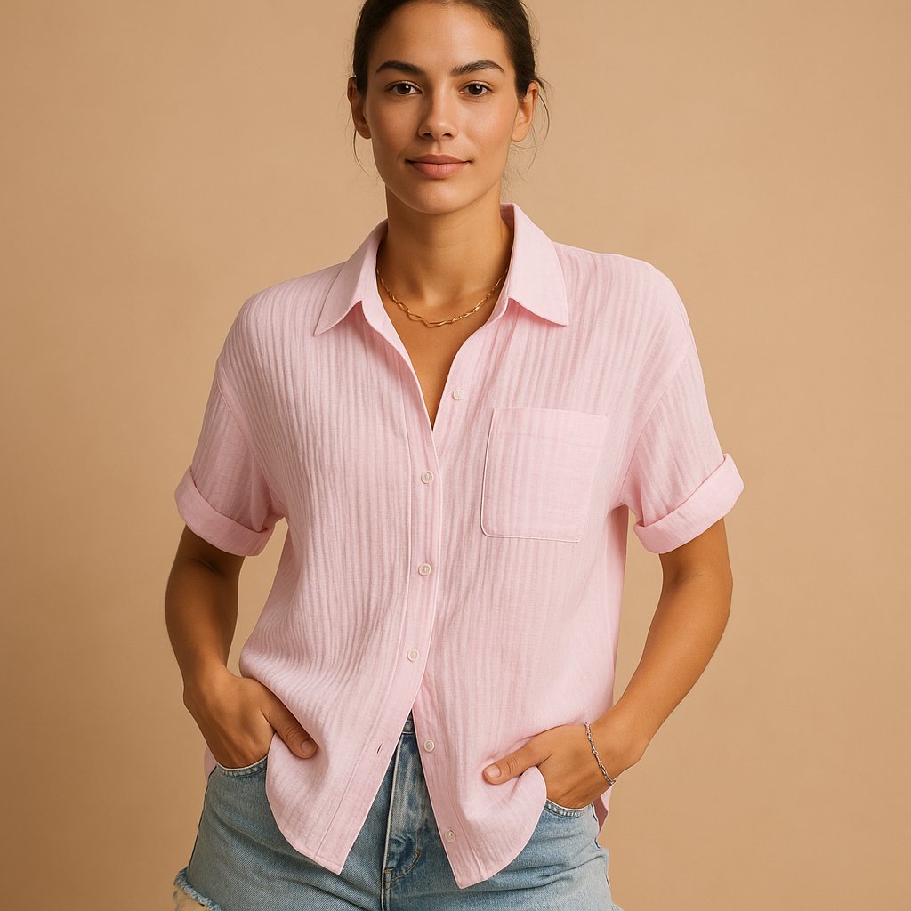 Relaxed Short Sleeve Shirt with Chest Pocket and Collar