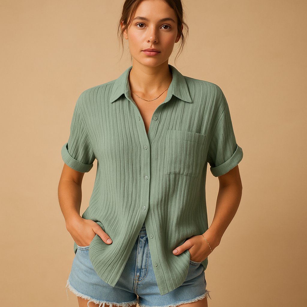 Relaxed Short Sleeve Shirt with Chest Pocket and Collar