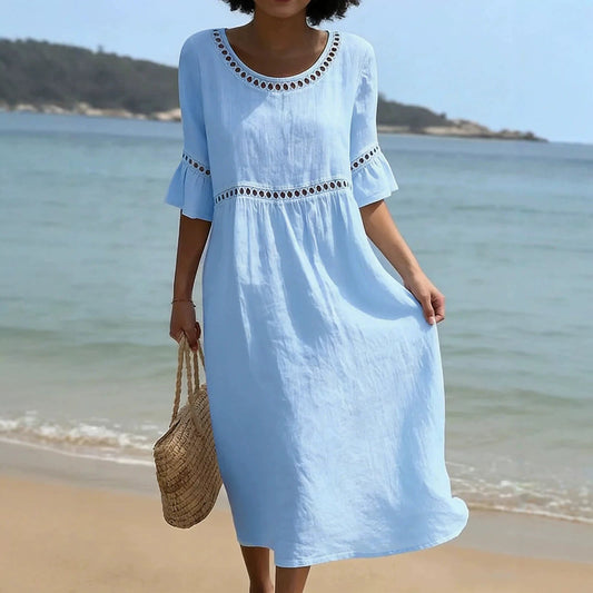 Relaxed Linen Summer Midi Dress with Hollow Out Trim and Flared Sleeves
