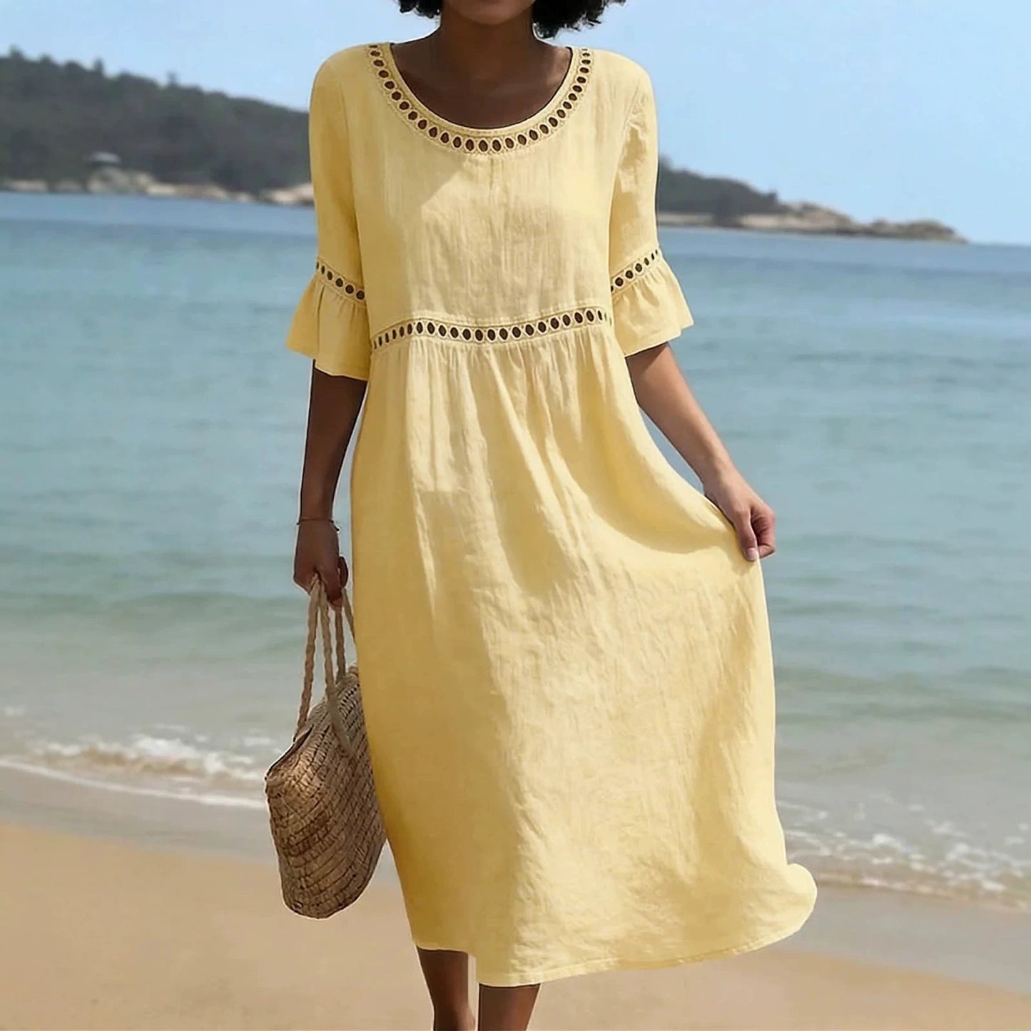 Relaxed Linen Summer Midi Dress with Hollow Out Trim and Flared Sleeves