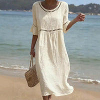 Relaxed Linen Summer Midi Dress with Hollow Out Trim and Flared Sleeves