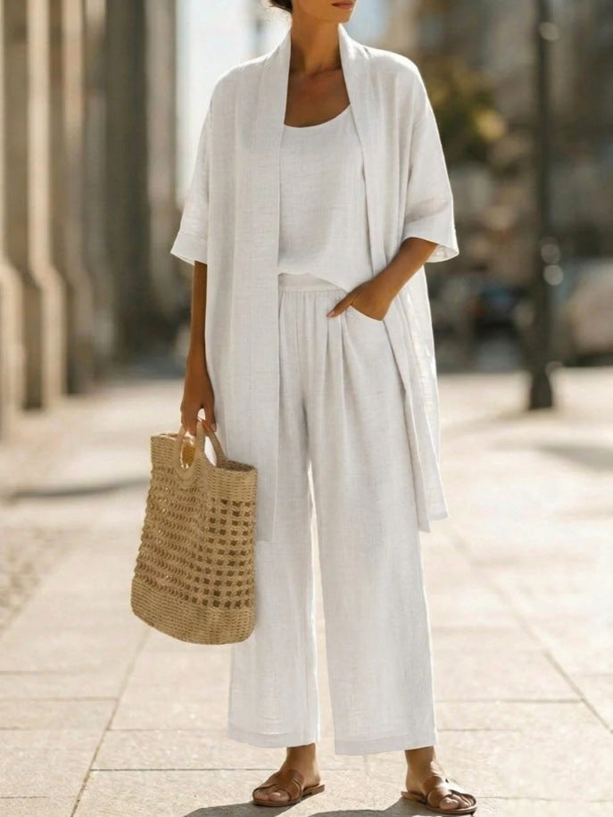 Relaxed Linen Three Piece Set with Wide Leg Trousers and Open Cardigan