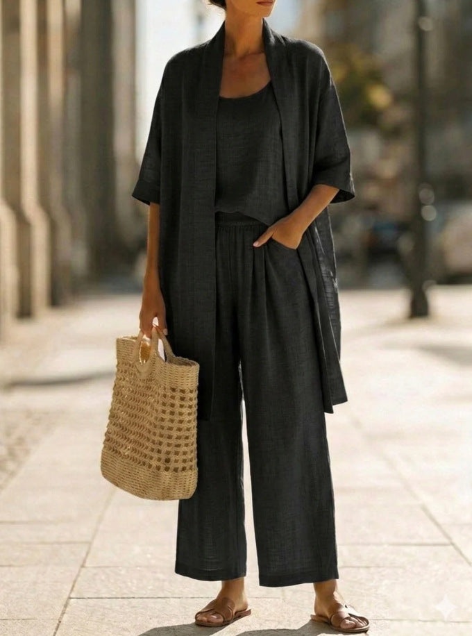 Relaxed Linen Three Piece Set with Wide Leg Trousers and Open Cardigan