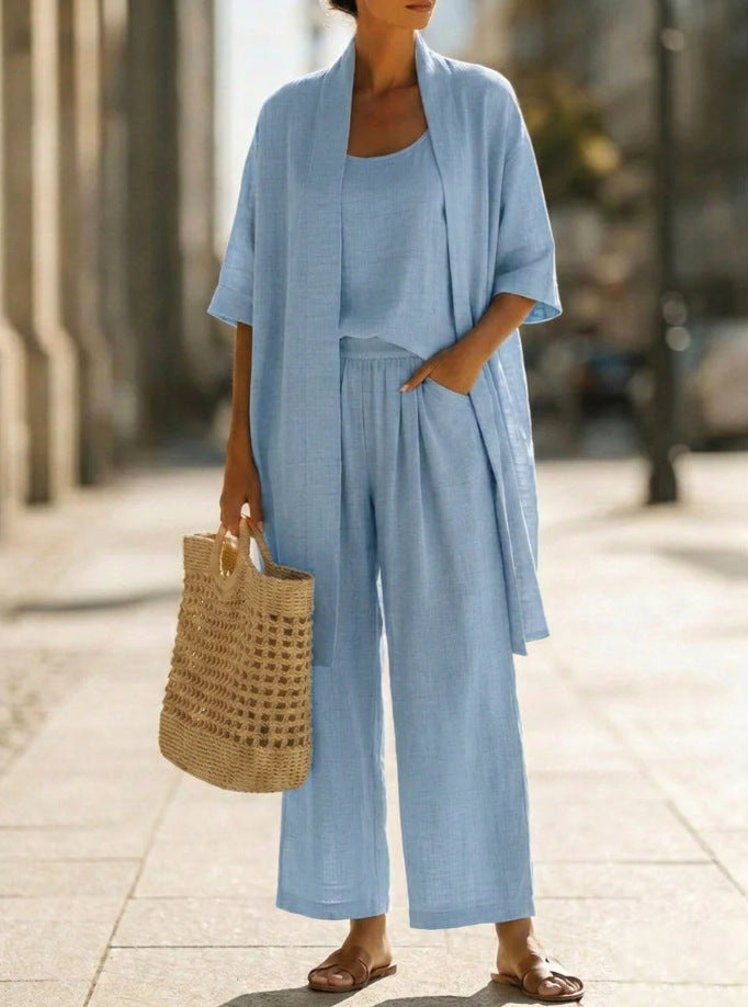 Relaxed Linen Three Piece Set with Wide Leg Trousers and Open Cardigan