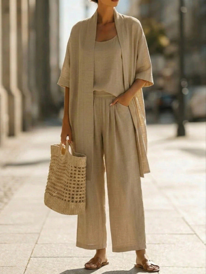 Relaxed Linen Three Piece Set with Wide Leg Trousers and Open Cardigan