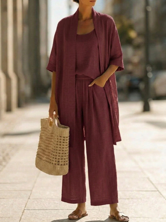 Relaxed Linen Three Piece Set with Wide Leg Trousers and Open Cardigan