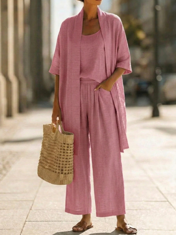 Relaxed Linen Three Piece Set with Wide Leg Trousers and Open Cardigan