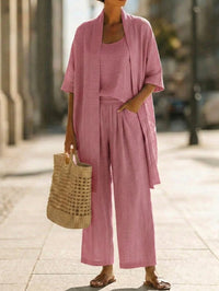 Relaxed Linen Three Piece Set with Wide Leg Trousers and Open Cardigan