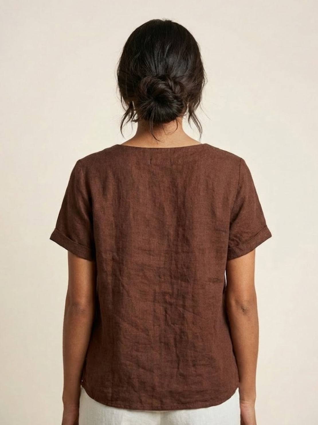 Relaxed Linen Top with Button Detail and Cuffed Sleeves