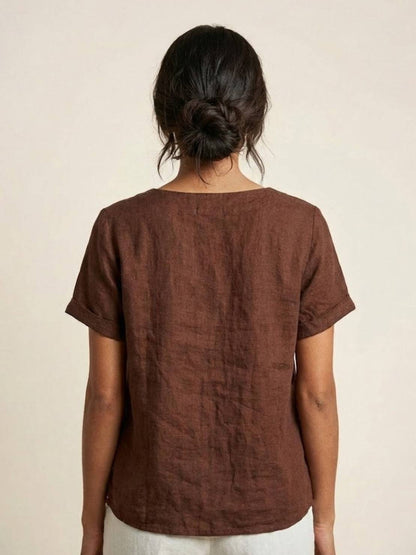 Relaxed Linen Top with Button Detail and Cuffed Sleeves