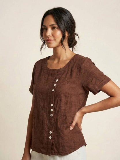 Relaxed Linen Top with Button Detail and Cuffed Sleeves
