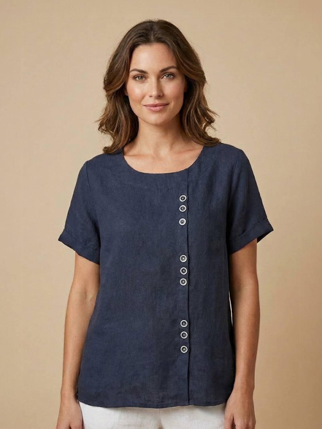 Relaxed Linen Top with Button Detail and Cuffed Sleeves