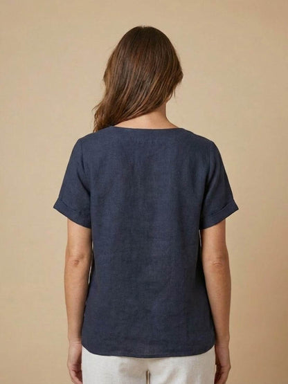Relaxed Linen Top with Button Detail and Cuffed Sleeves