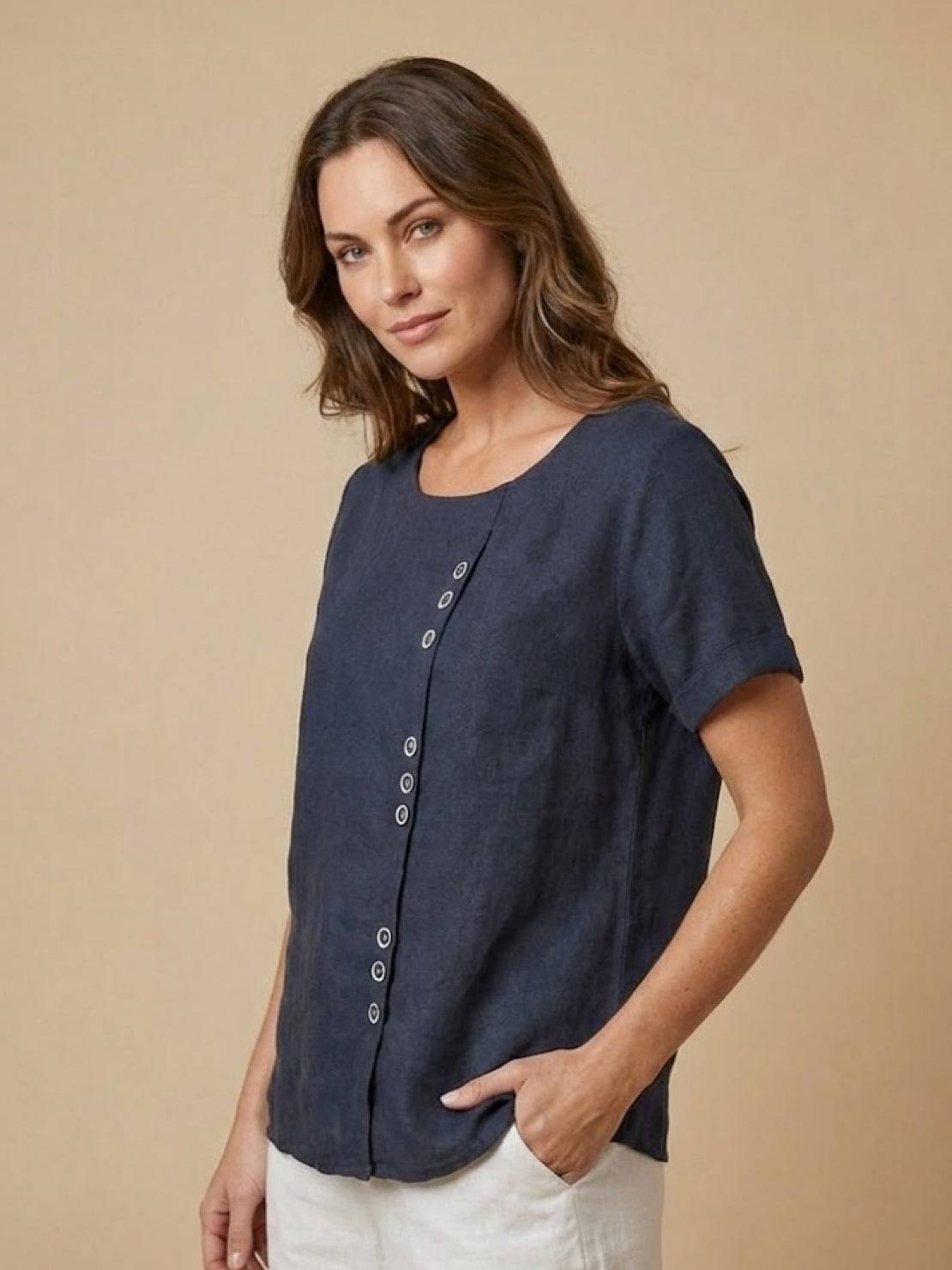 Relaxed Linen Top with Button Detail and Cuffed Sleeves