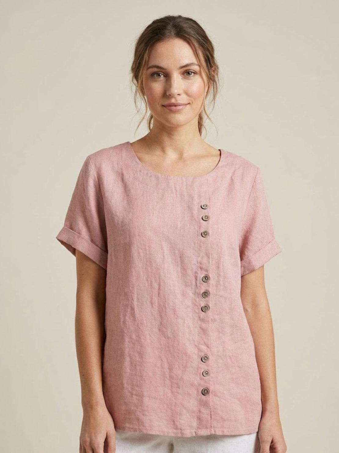 Relaxed Linen Top with Button Detail and Cuffed Sleeves