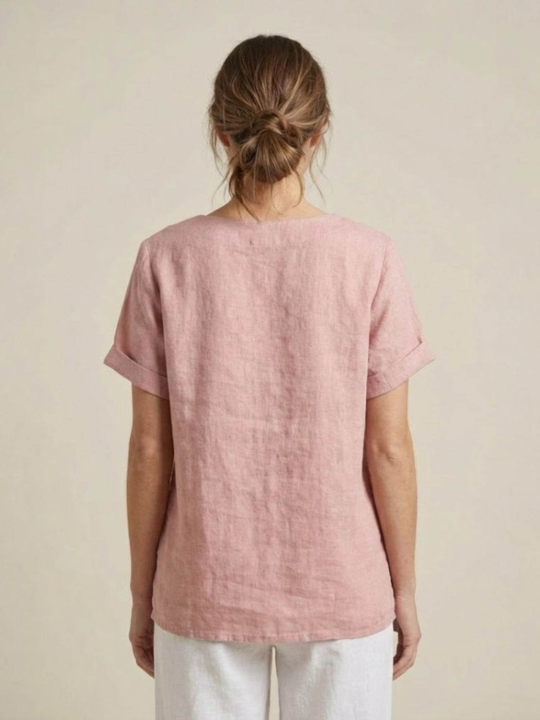 Relaxed Linen Top with Button Detail and Cuffed Sleeves