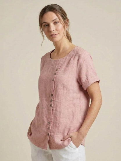 Relaxed Linen Top with Button Detail and Cuffed Sleeves