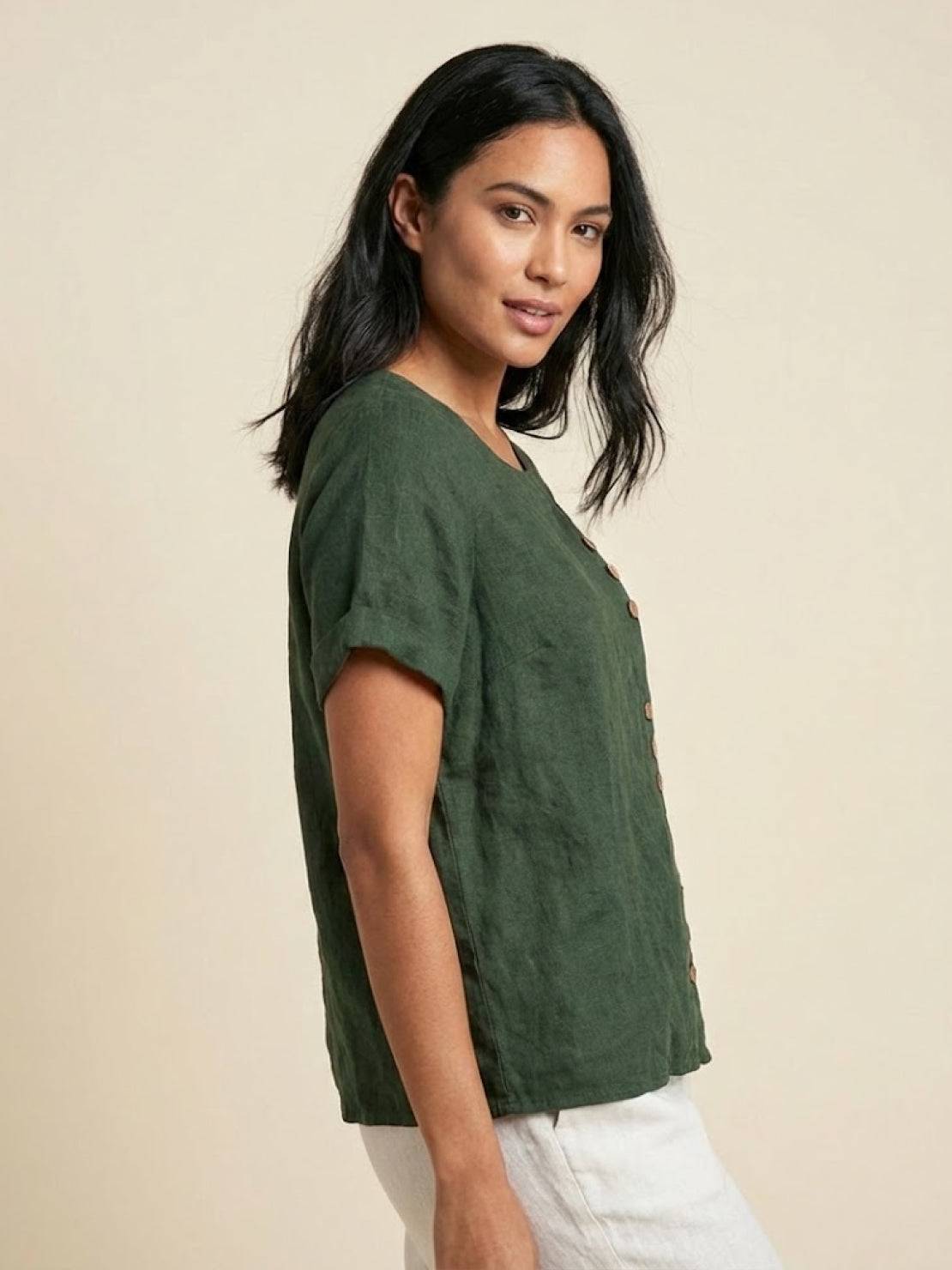 Relaxed Linen Top with Button Detail and Cuffed Sleeves