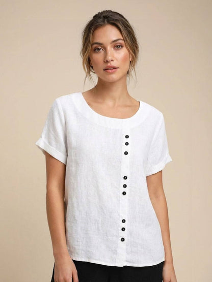 Relaxed Linen Top with Button Detail and Cuffed Sleeves