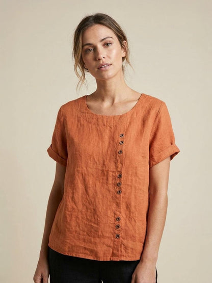 Relaxed Linen Top with Button Detail and Cuffed Sleeves