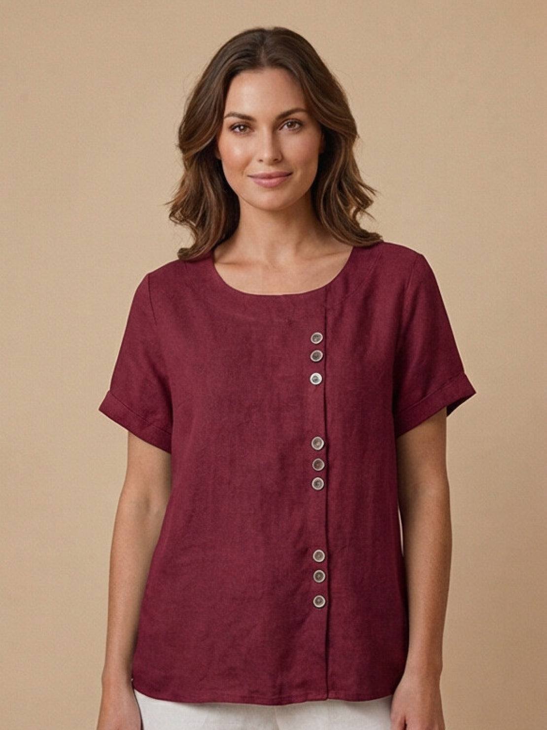 Relaxed Linen Top with Button Detail and Cuffed Sleeves