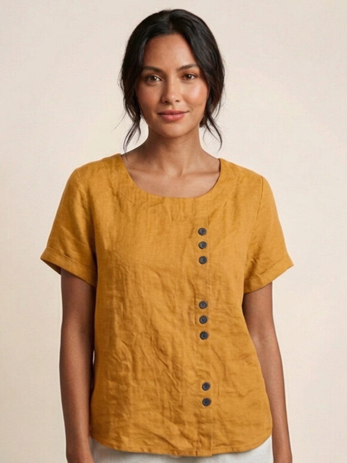 Relaxed Linen Top with Button Detail and Cuffed Sleeves