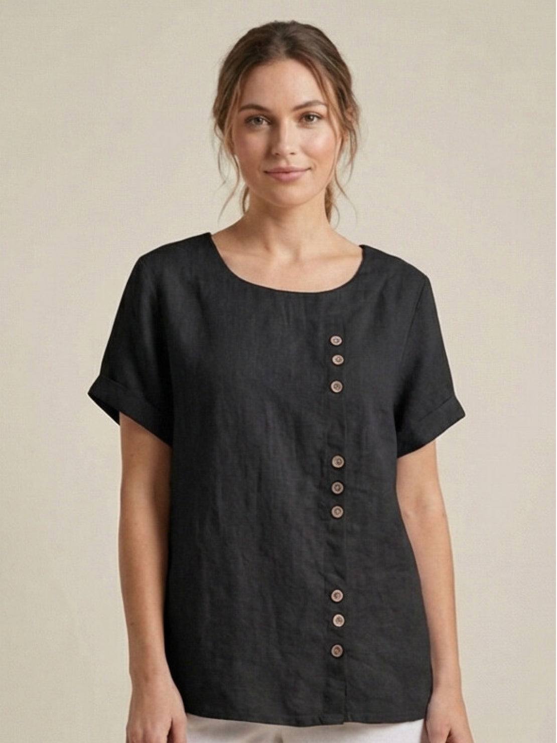 Relaxed Linen Top with Button Detail and Cuffed Sleeves