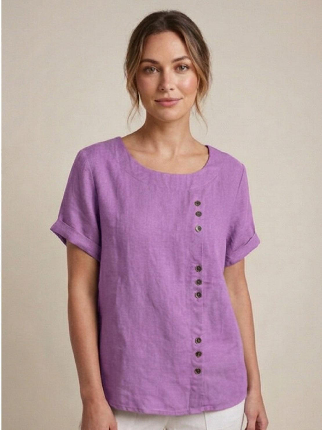 Relaxed Linen Top with Button Detail and Cuffed Sleeves