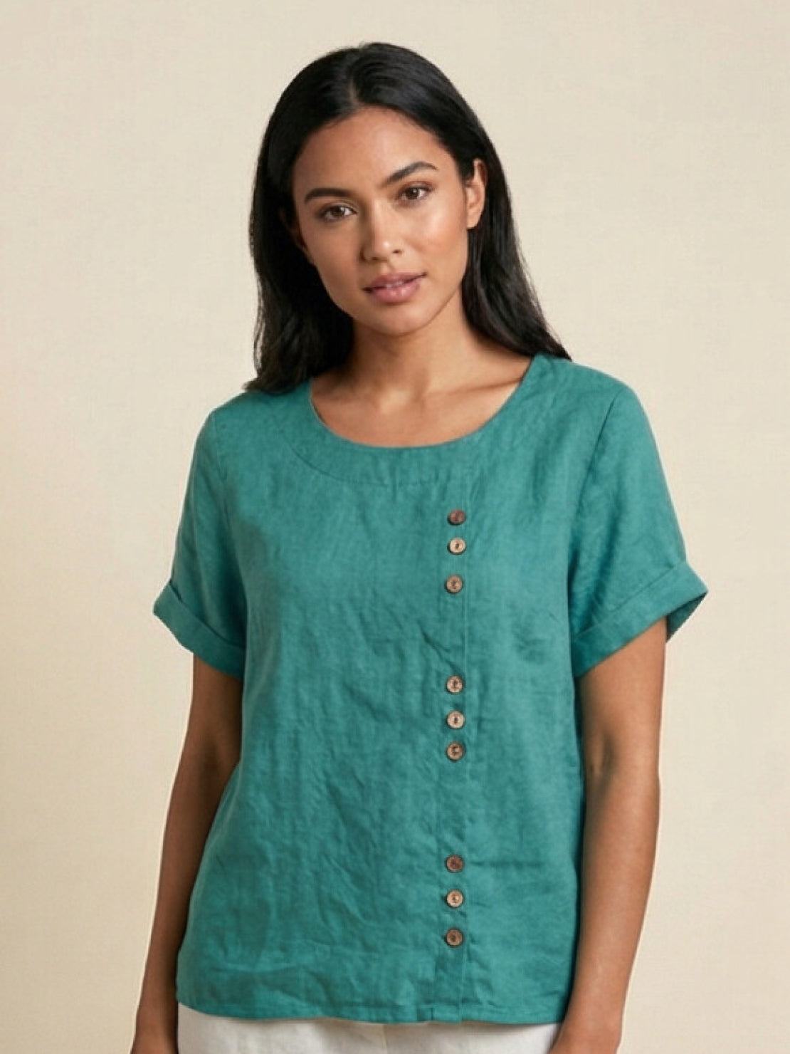 Relaxed Linen Top with Button Detail and Cuffed Sleeves