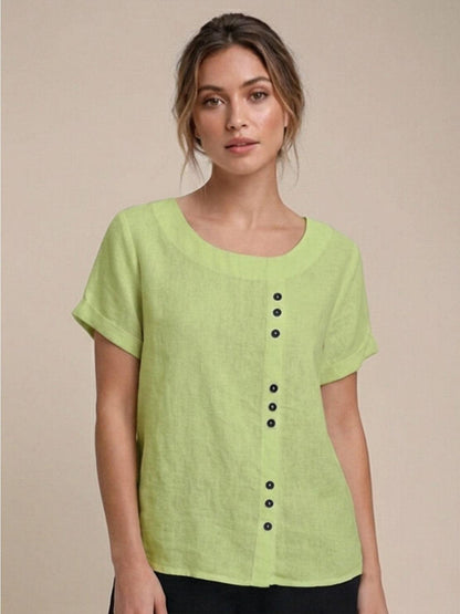 Relaxed Linen Top with Button Detail and Cuffed Sleeves