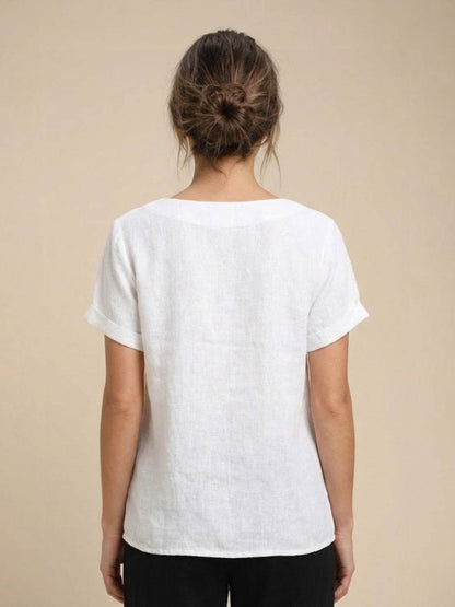 Relaxed Linen Top with Button Detail and Cuffed Sleeves