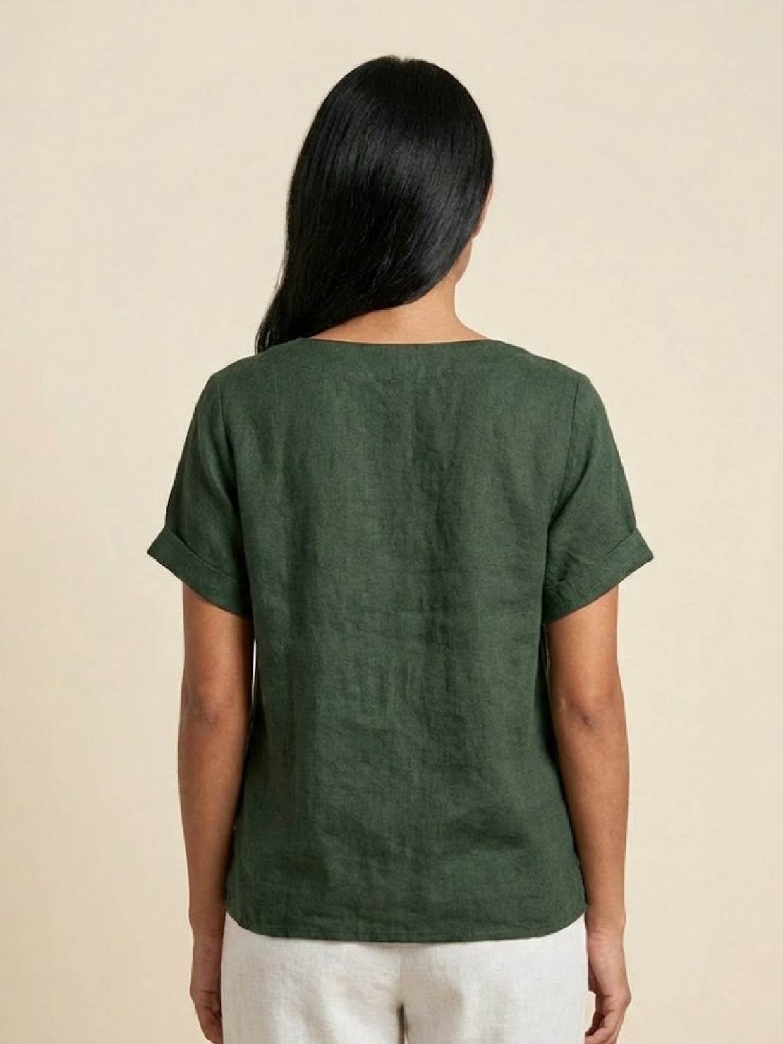 Relaxed Linen Top with Button Detail and Cuffed Sleeves
