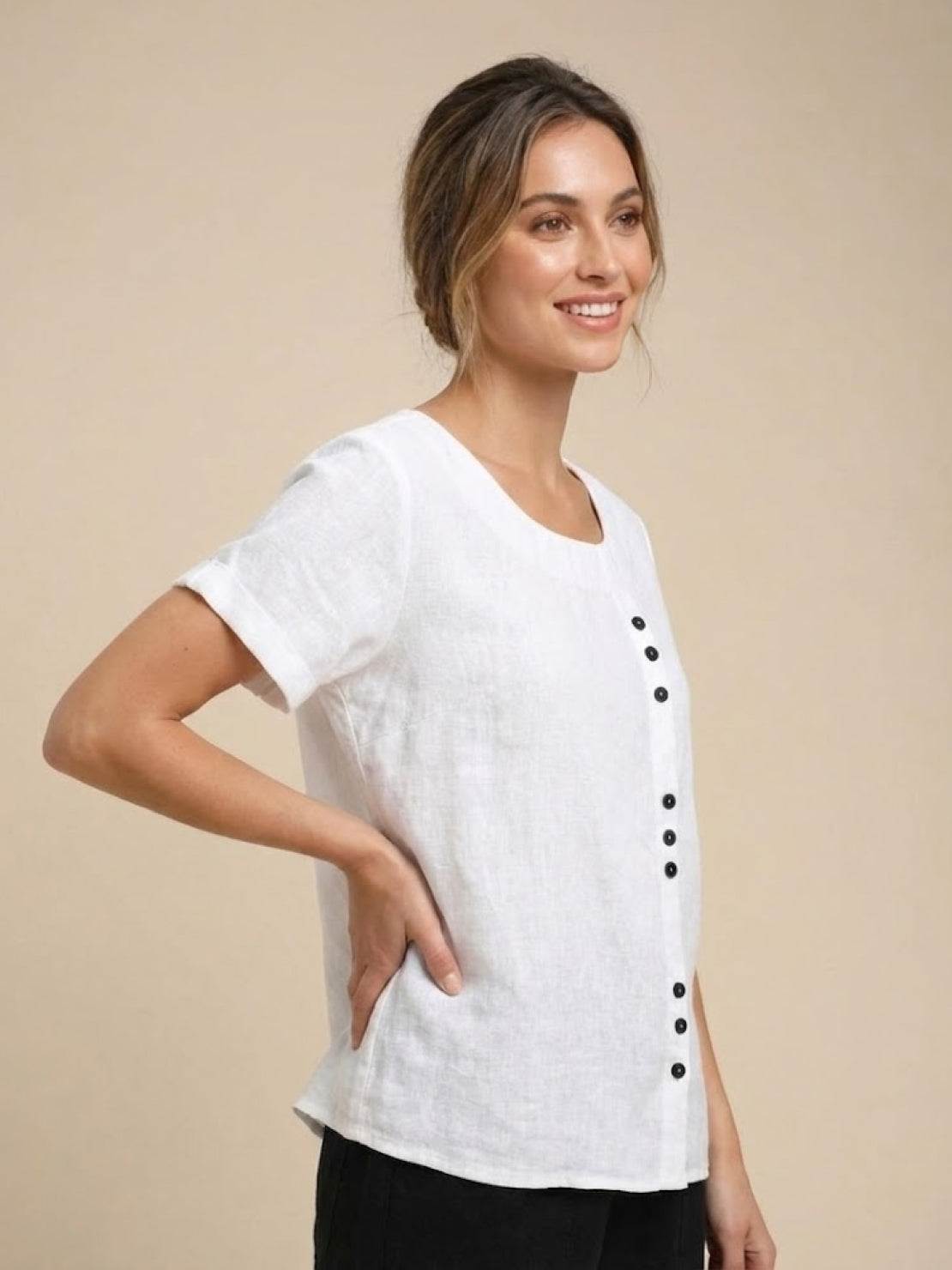 Relaxed Linen Top with Button Detail and Cuffed Sleeves