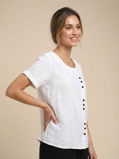 Relaxed Linen Top with Button Detail and Cuffed Sleeves