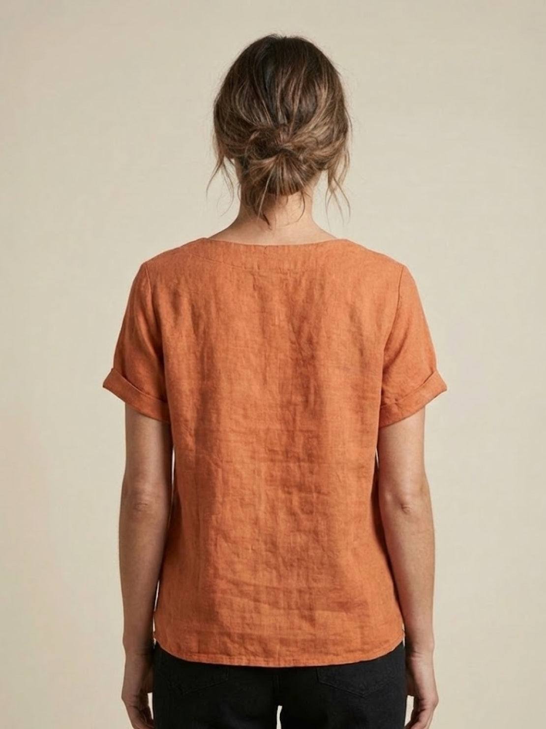 Relaxed Linen Top with Button Detail and Cuffed Sleeves