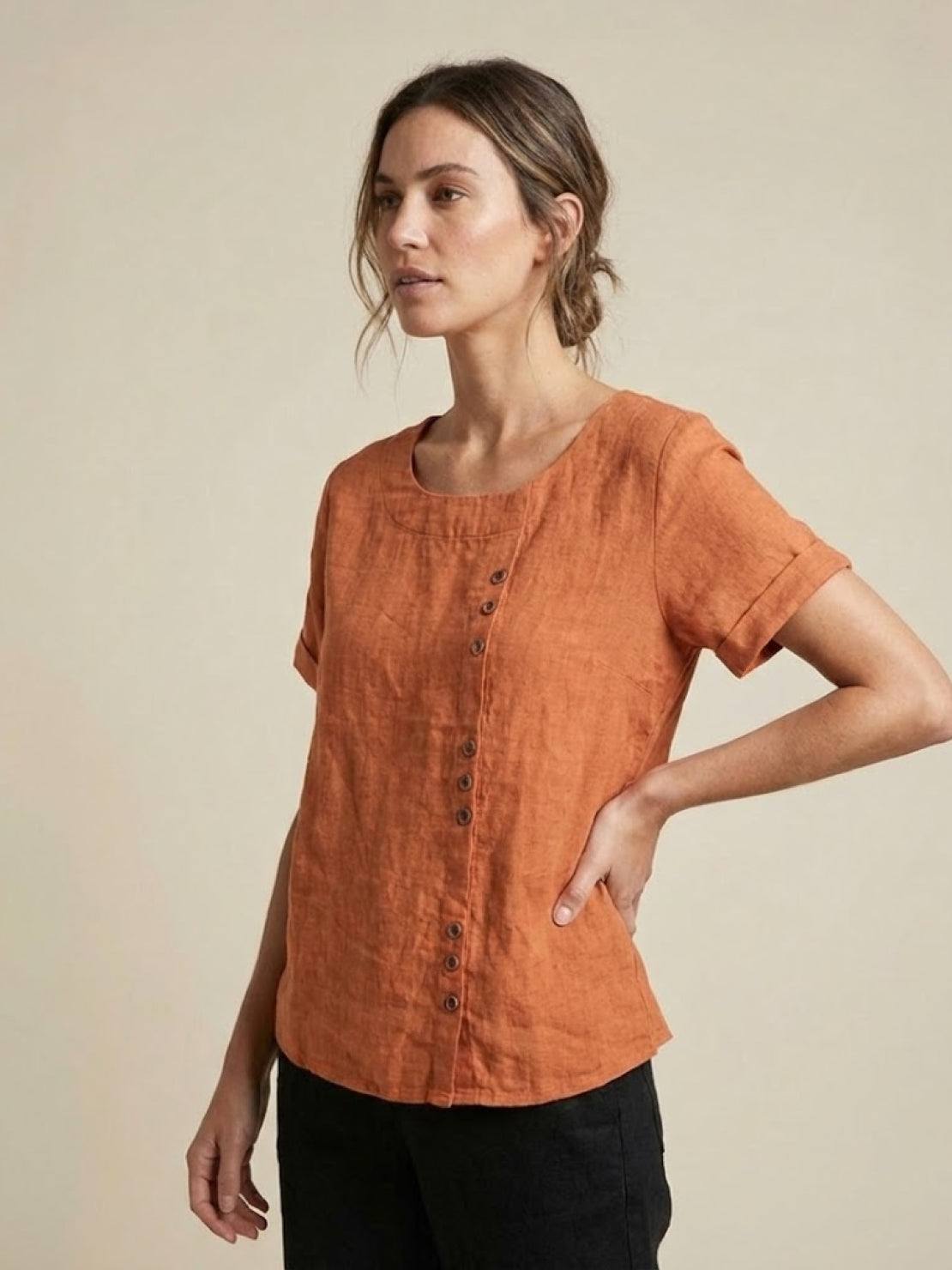 Relaxed Linen Top with Button Detail and Cuffed Sleeves