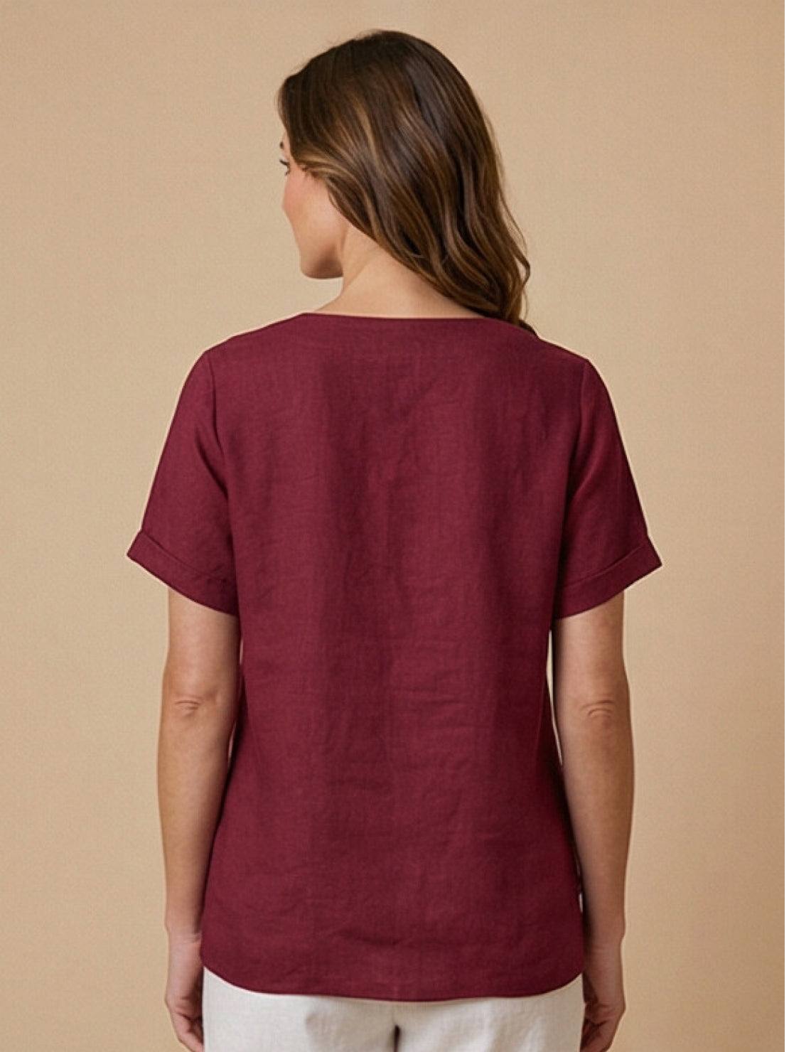 Relaxed Linen Top with Button Detail and Cuffed Sleeves